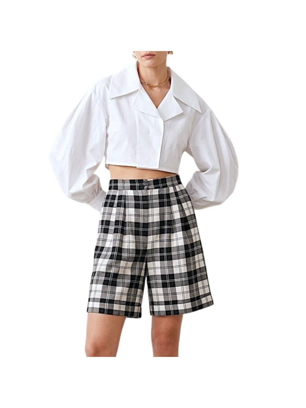 Vintage 80s 90s old money pleated black white check quiet luxury shorts M